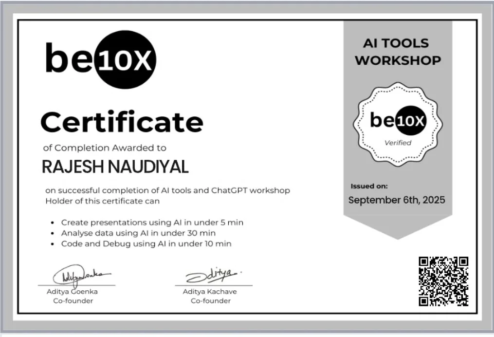 AI Tools & ChatGPT Workshop, issued by be10X