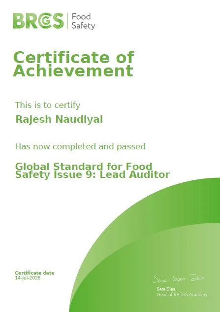 Global Standard for Food Safety Issue 9: Lead Auditor, issued by BRCGS