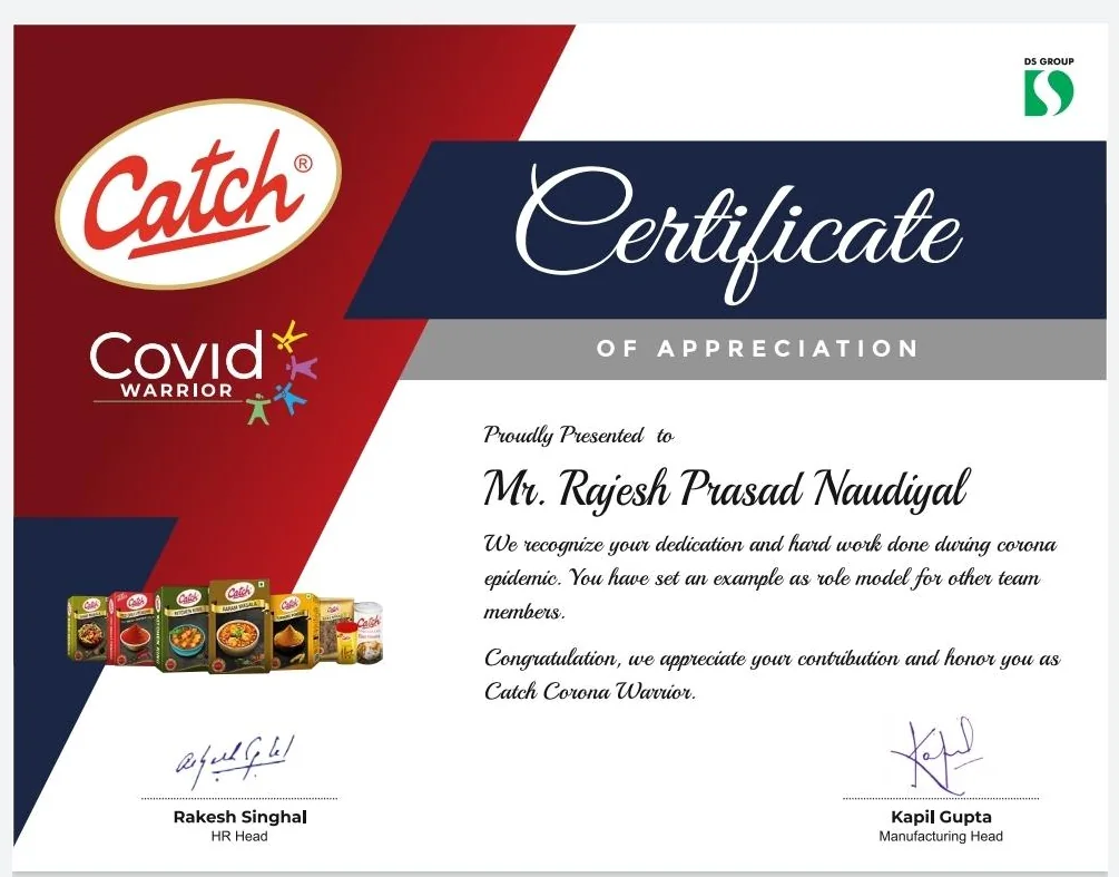 Catch Corona Warrior — Certificate of Appreciation, issued by DS Group